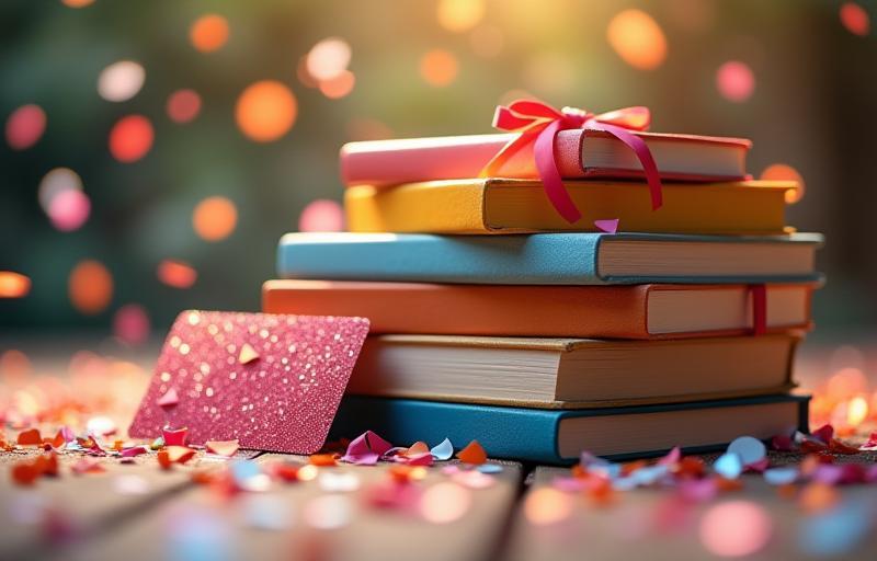 Exciting image of stacked books, prizes, and confetti.
